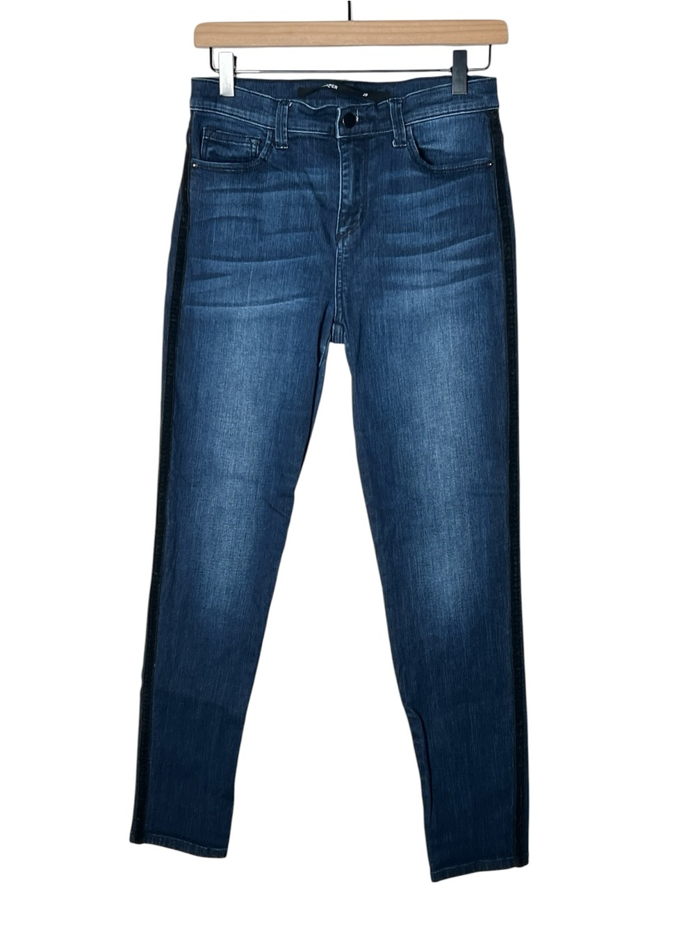 Harper dark wash skinny leg jeans with black velvet side stripe size 29 B110